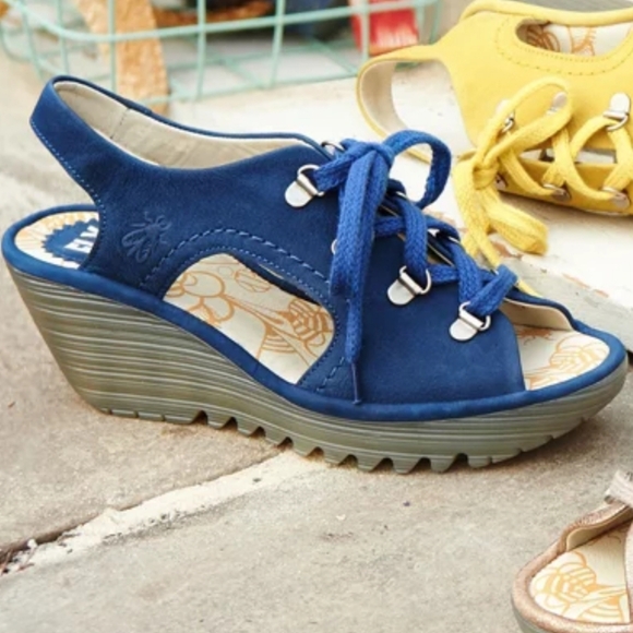 Fly London Bold Blue Yifa Leather Lace-Up Cut Out Sling Back Wedges Size 10-10.5 - Picture 16 of 16